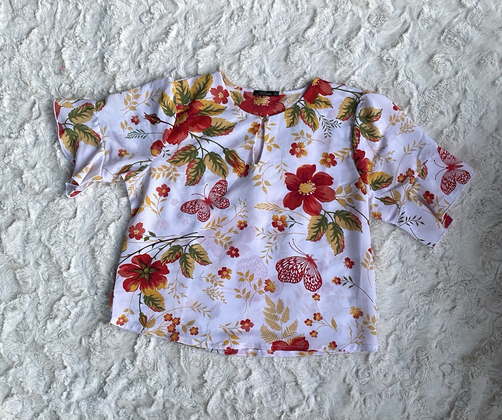 Allison Womens White Floral Round Neck Short Sleeve Button Blouse Top XL
