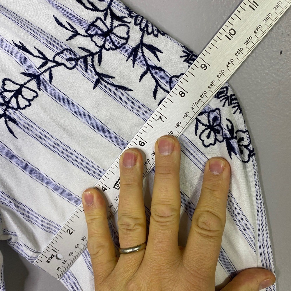 Magnolia Lane Blue White Striped Embroidered Boho Peasant Blouse Top Womens M