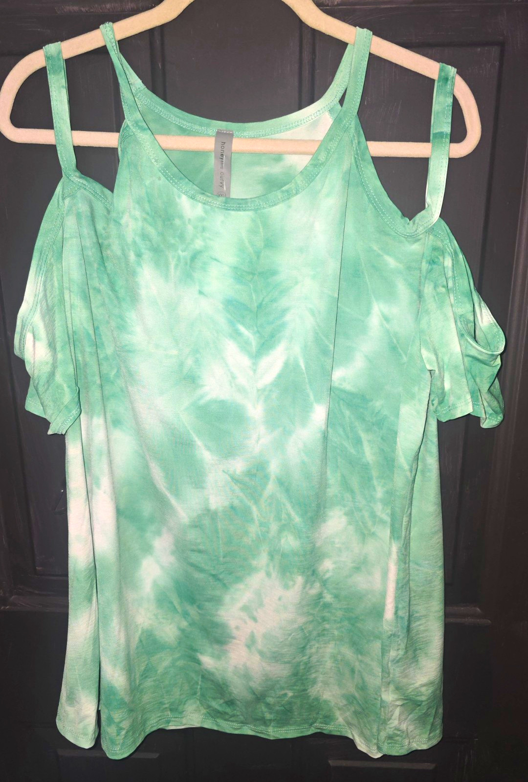 Honeyme curvy Green White Tie-Dye Round Neck Cold Shoulder Top Womens 2XL