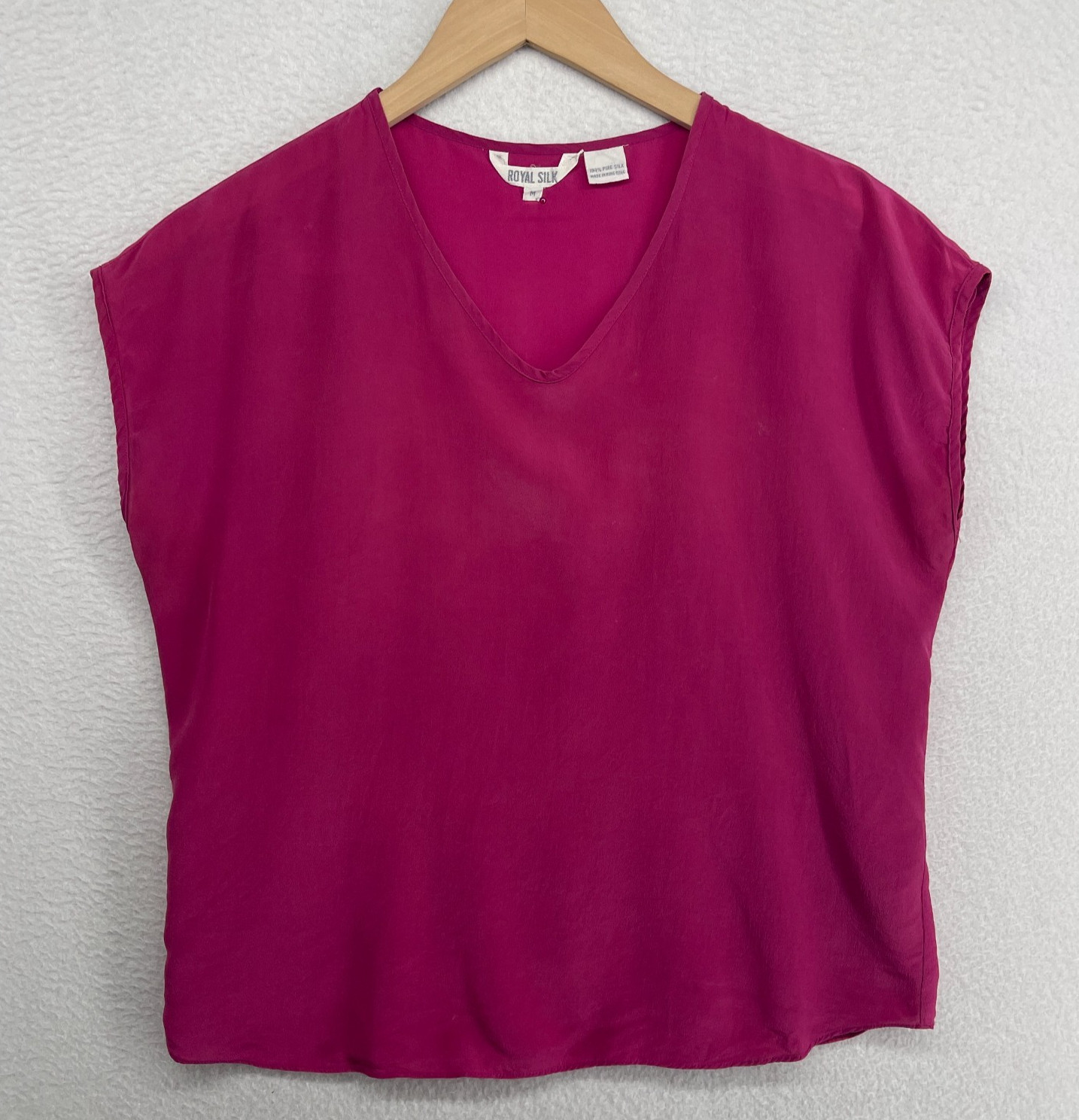 ROYAL SILK Blouse Womens M Crepe de Chine Boxy Top V-Neck Dolman Sleeve Pink VTG