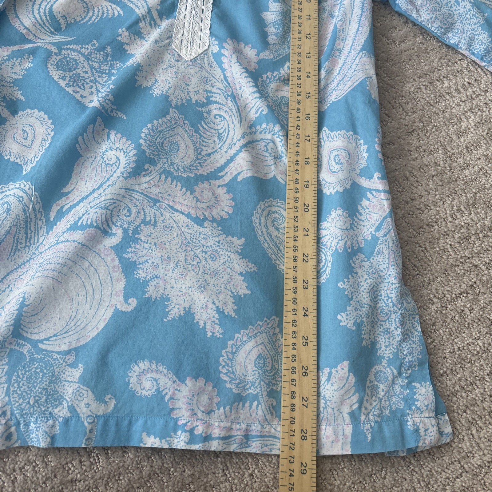 J McLAUGHLIN Sky Blue Pink White Paisley Print Cotton Voile Lace Trim Tunic sz M