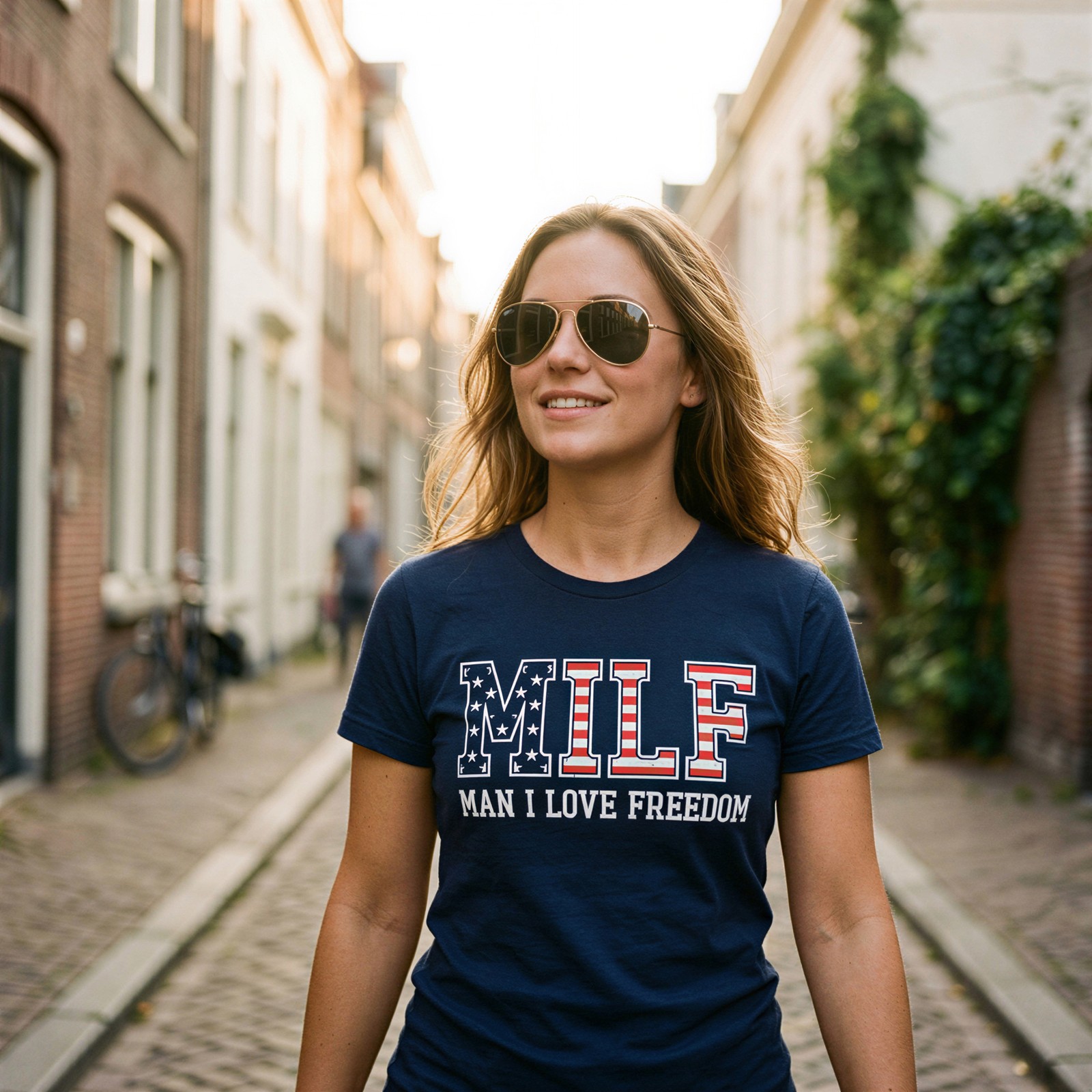 Womens MILF Man I Love Freedom T Shirt Funny Patriotic Fourth Of July Flag Tee