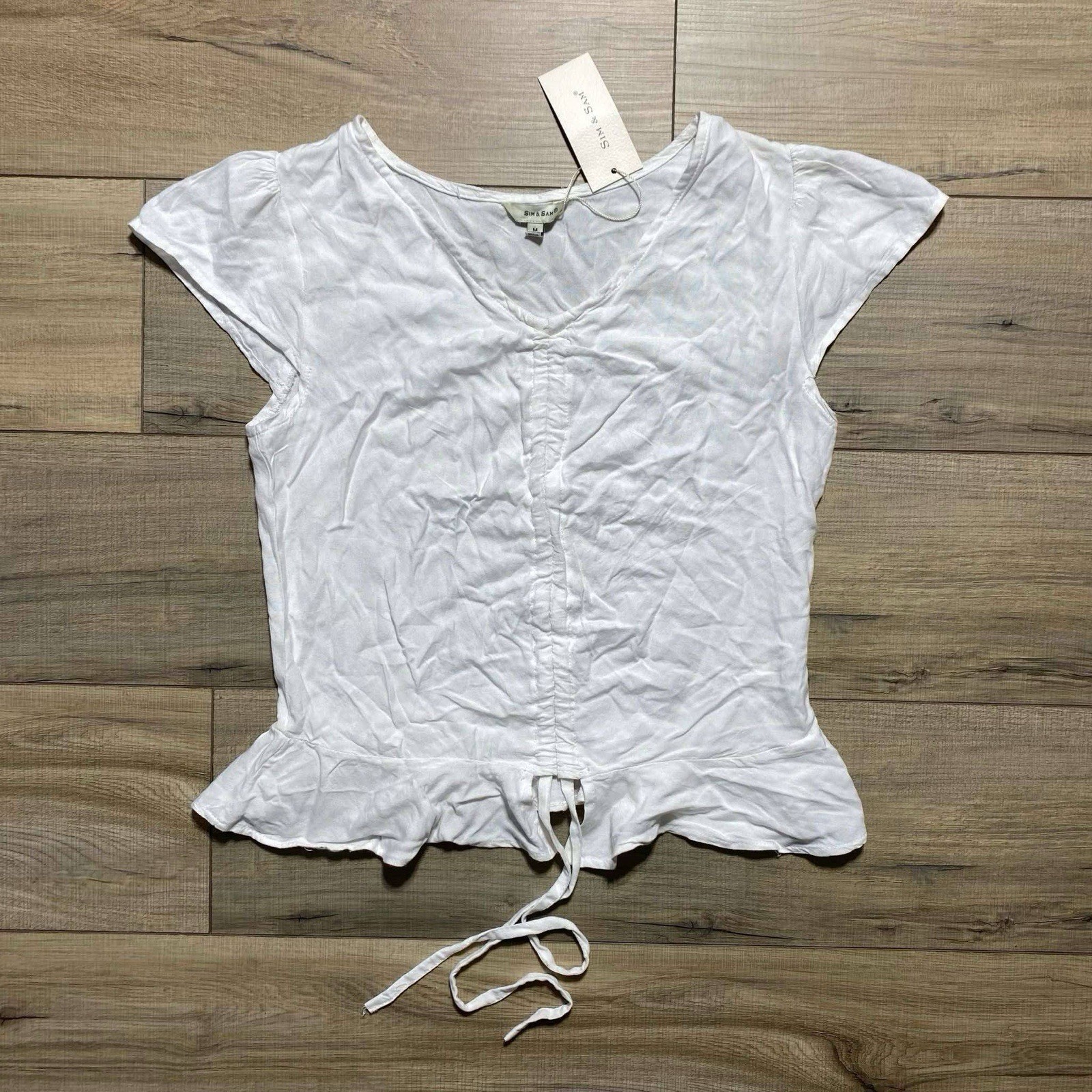 Sim & Sam Womens Tie Ruching Flutter Sleeve Shirt Size Medium Light Cream