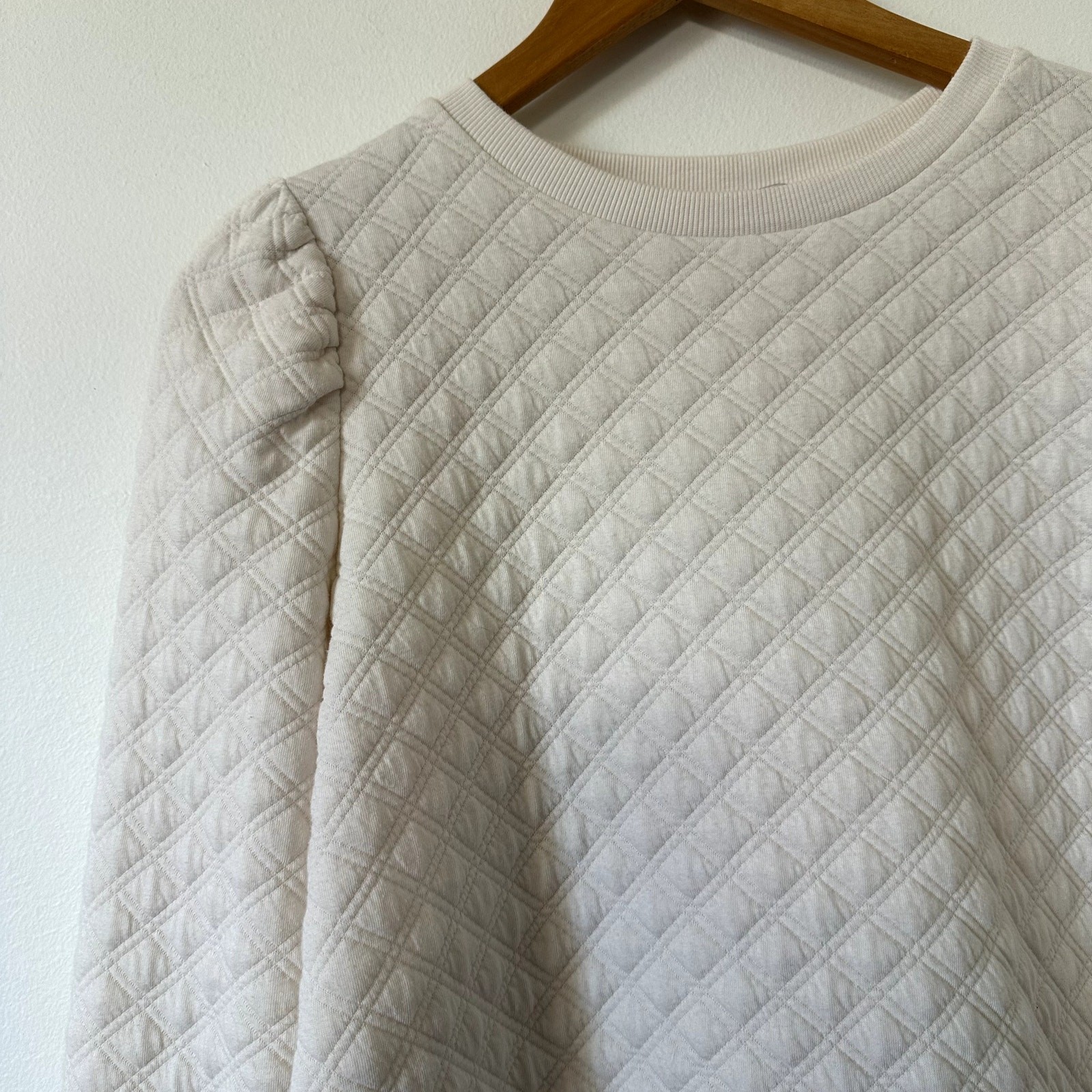 LOFT Quilted Puff Sleeve Top Blouse Long Sleeve Petite S Ivory White Minimalist