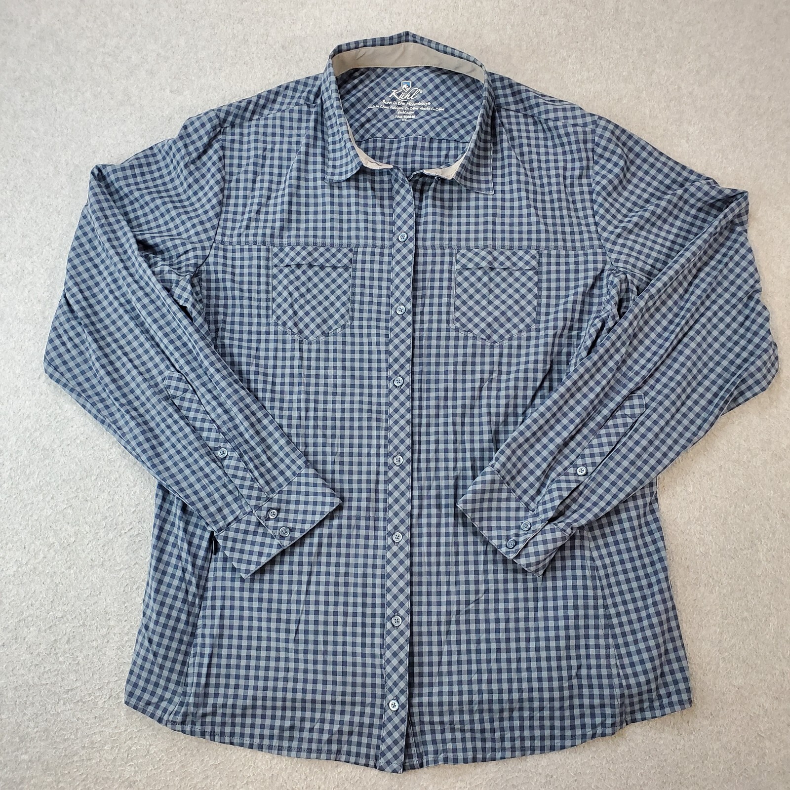 Kuhl Shirt Ezra Blue Check Stretch Gingham Button Up Long Sleeve Women’s XL