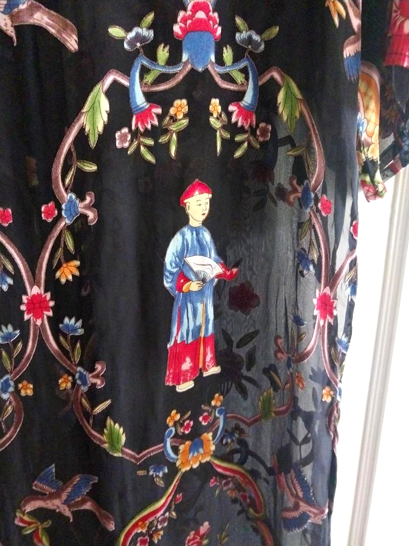 Vintage Citron Santa Monica Silk Black Multicolor Asian Motif Kimono Duster M