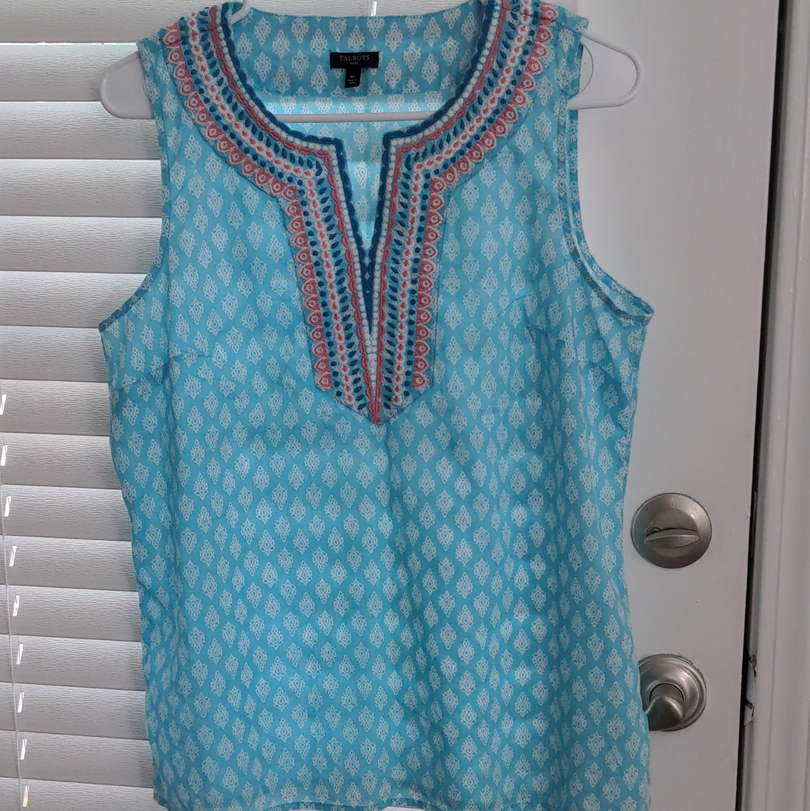 Talbots Petite MP Blue White Pink Geometric Split Neck Embroidered Cotton Top