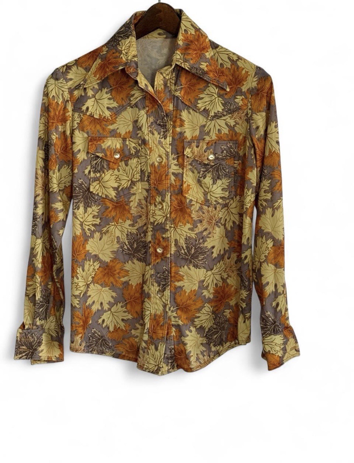 Vintage 70s Autumn Leaf Print Button Up Blouse Women M Long Sleeve Fall