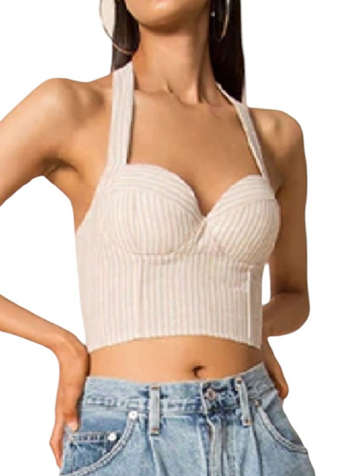 Revolve Superdown Rudy Halter Top Beige White Striped Womens Medium NEW With Tag