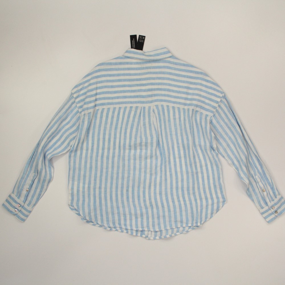 Nicole Miller Women 100% Linen Button-up Shirt Size Small Blue White Striped NWT