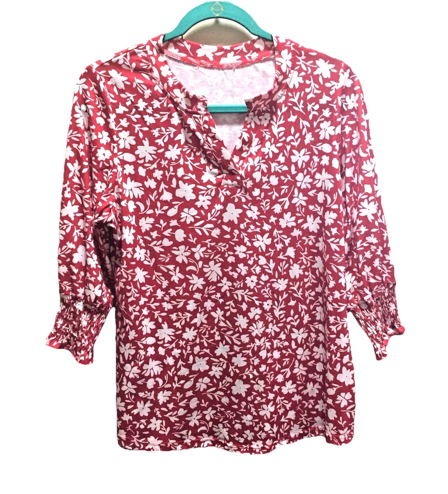 Red White Floral Print Women Pullover Top 3/4 Ruched Sleeves Polyester Spandex