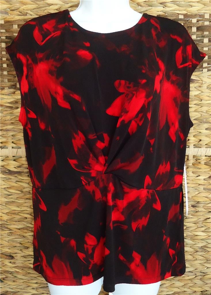 CALVIN KLEIN WOMEN BLACK MULTI FLORAL ABSTRACT PRINT TWISTED FRONT TOP L NWT $59