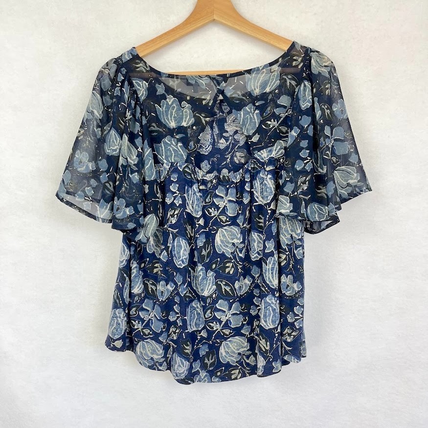 Lucky Brand Floral Blouse Flutter Sleeve Feminine Girly Cottage Boho Easter M
