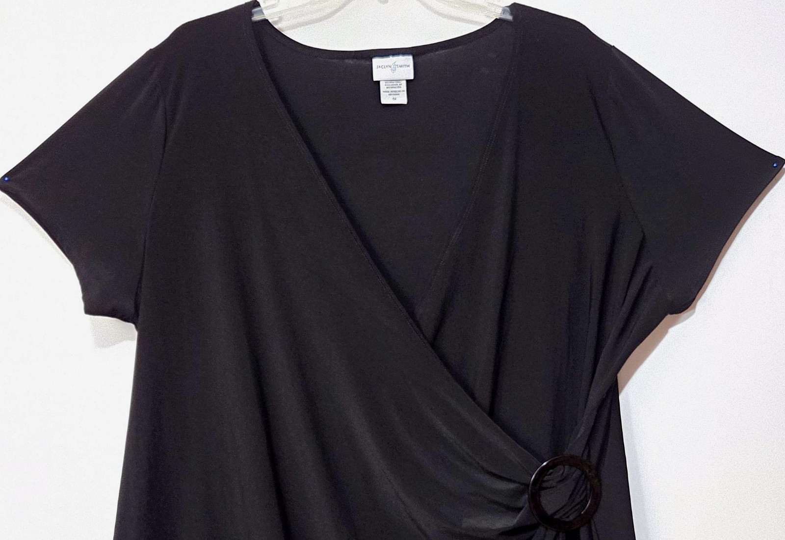 Jaclyn Smith Short Sleeve Blouse Faux Wrap O-Ring Surplice Neck Stretch Size 1X