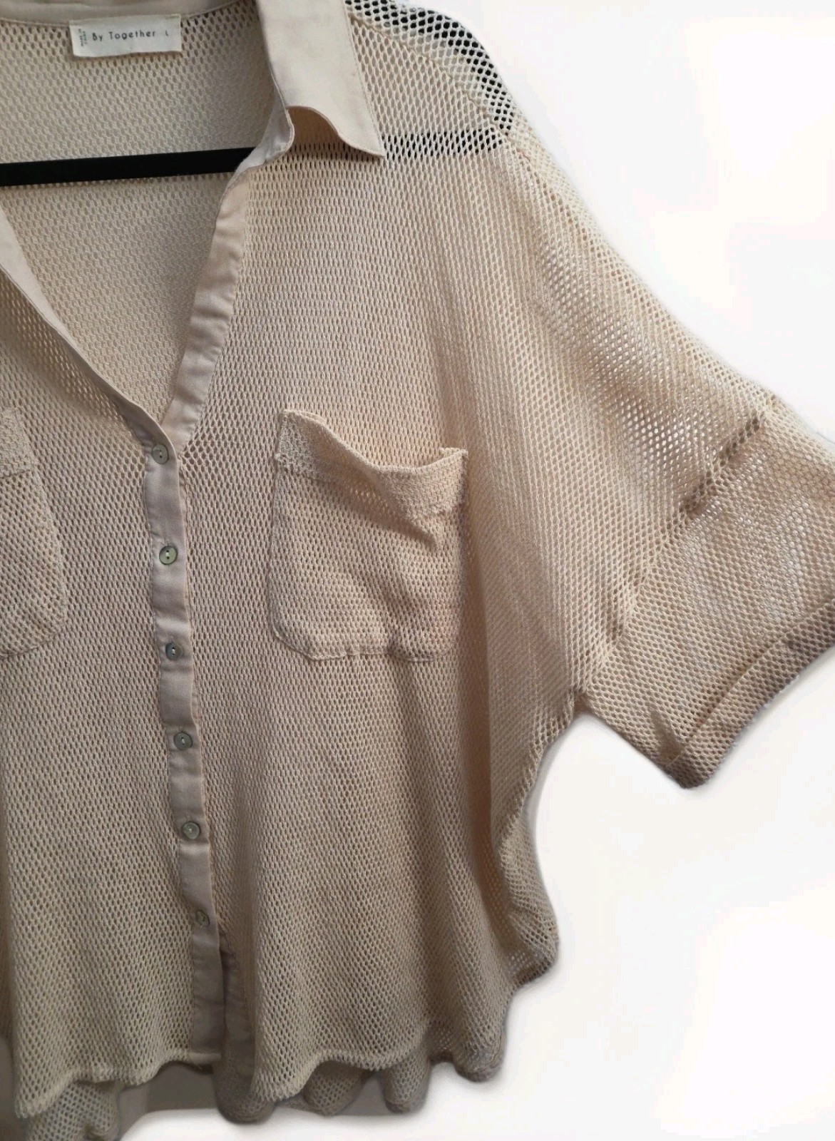 By Together Women L Netted Mesh Button Up Cover Up Top Beige Summer Beach Pool