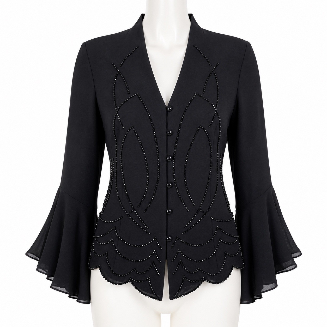 Dressbarn Blouse Womens 12 Black Beaded Bell Sleeve Scalloped Hem V-Neck Jacket