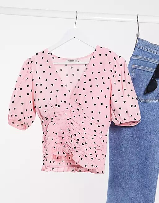 stradivarius v neck blouse In Pink With Dots. Size M. NWT