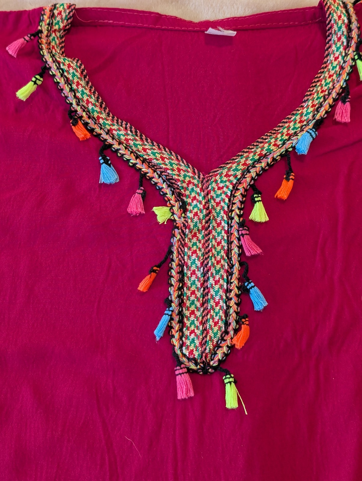 Women’s Pink Multicolor Tassel Caftan Sleeveless V-Neck Tunic Morocco Size M