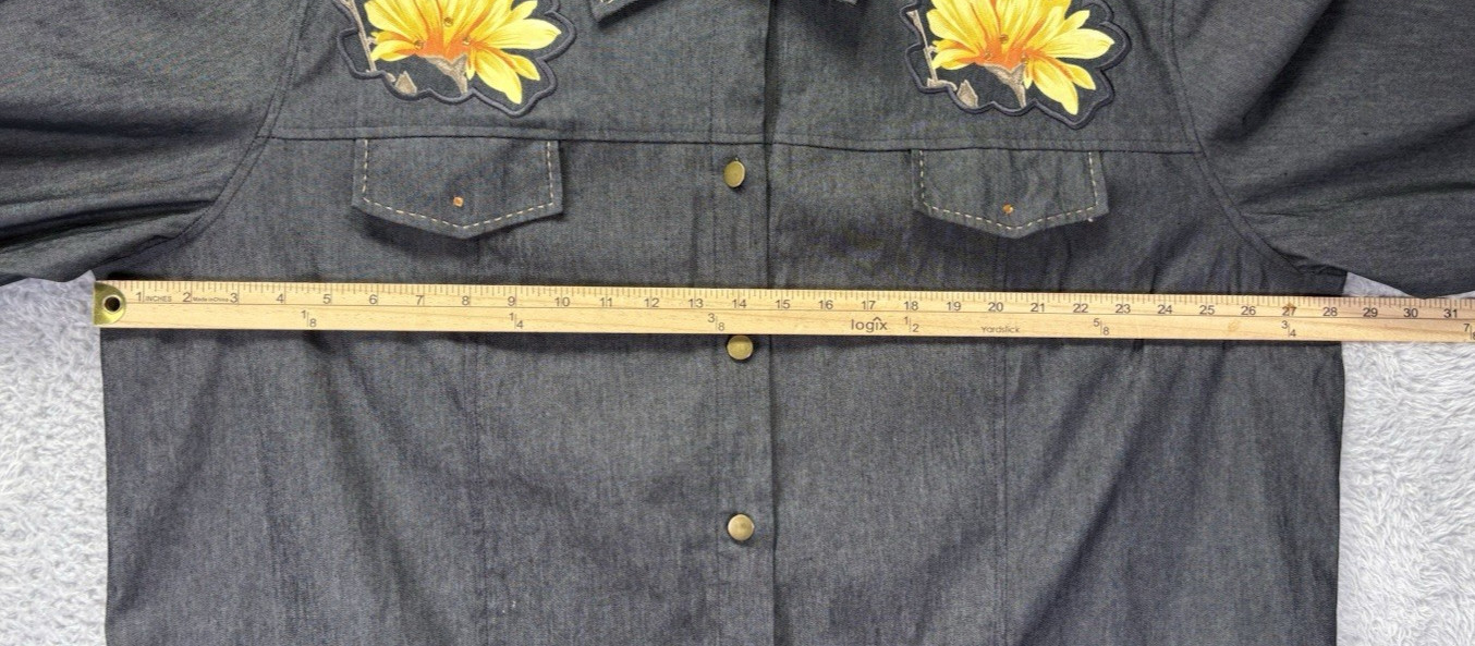 Avenue Womens Sz22 Gray Stretch Denim Jacket Studded Floral Button Front Plus