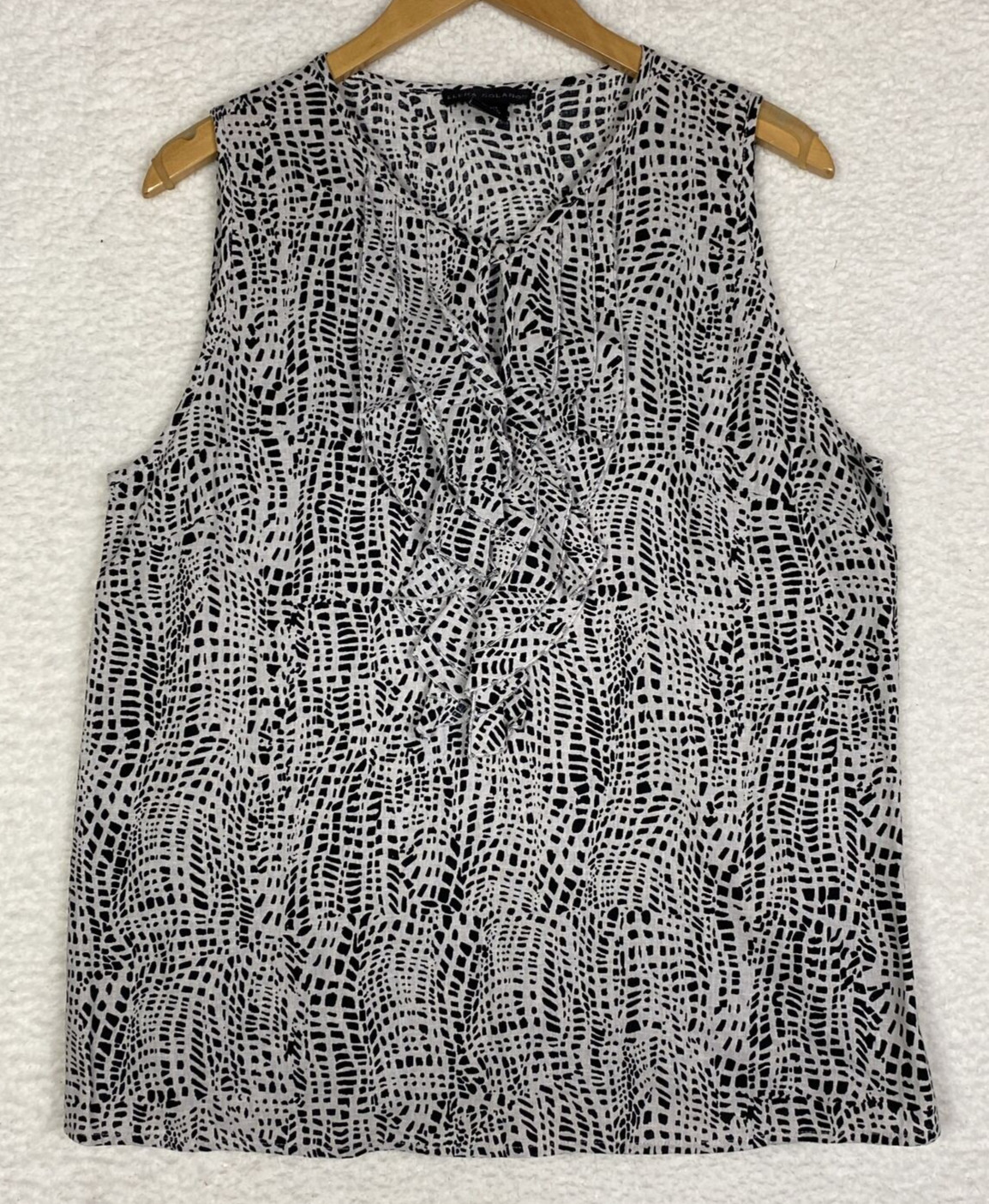 Elena Solano Blouse Womens XLarge Linen Blend Ruffle Sleeveless Geo Work Office