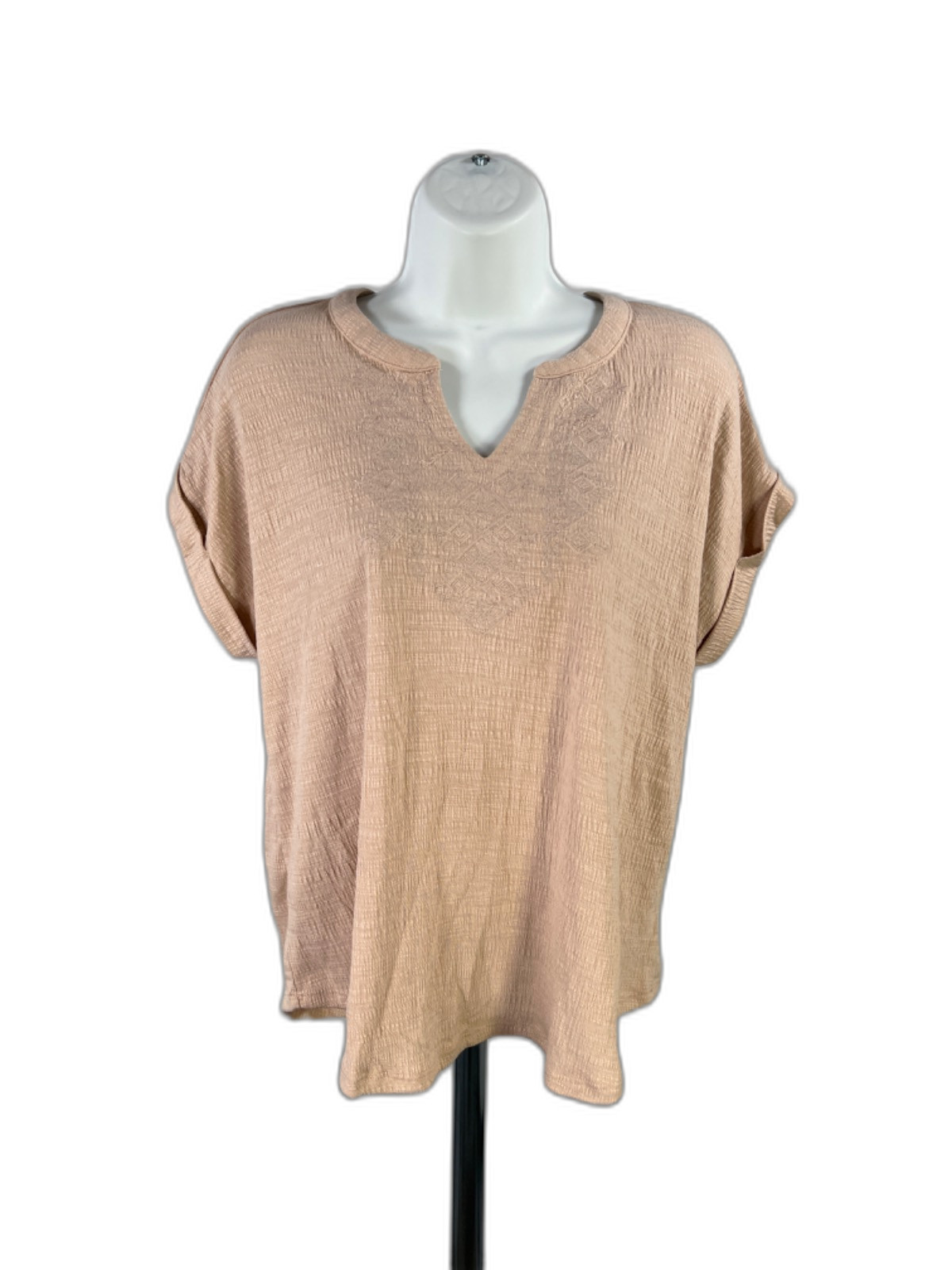 Cable And Gauge Women’s Beige Embroidered Knit Cuffed Short Sleeve Shirt – L