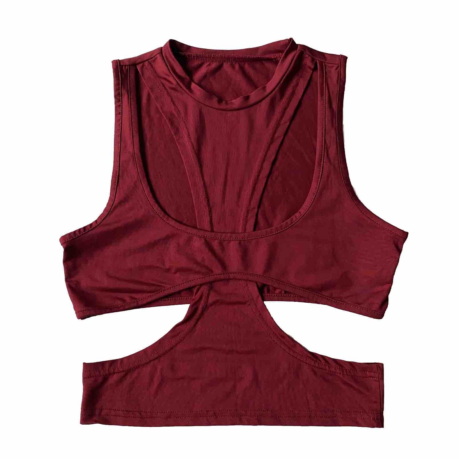 Shein Top S Sexy Burgundy Red Layered Cut Out Crop Stretch Club Party Sleeveless
