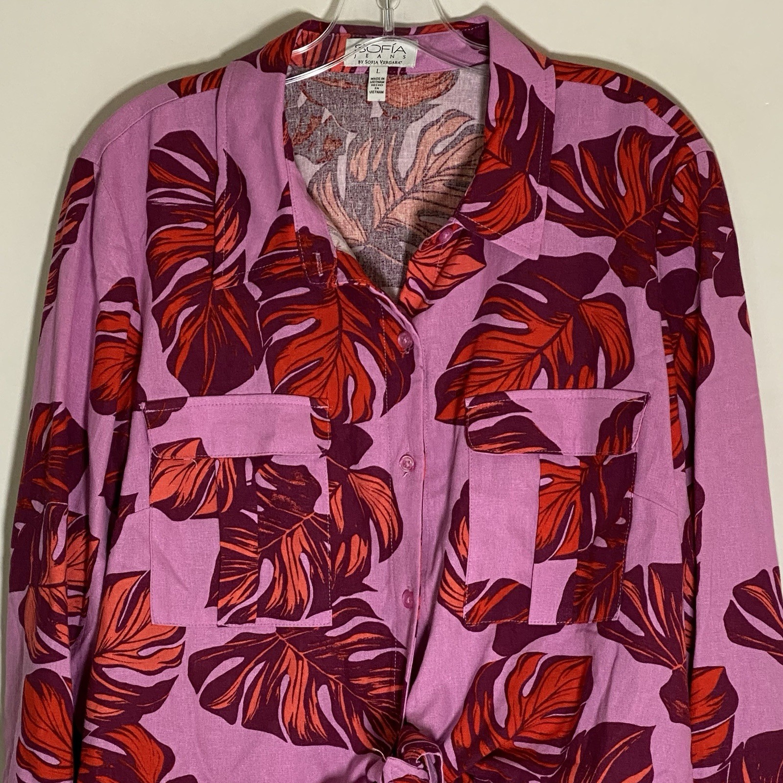 Sofia Jeans By Sofia Vergara Top Womens Large Pink Red Floral Linen Blouse Boho