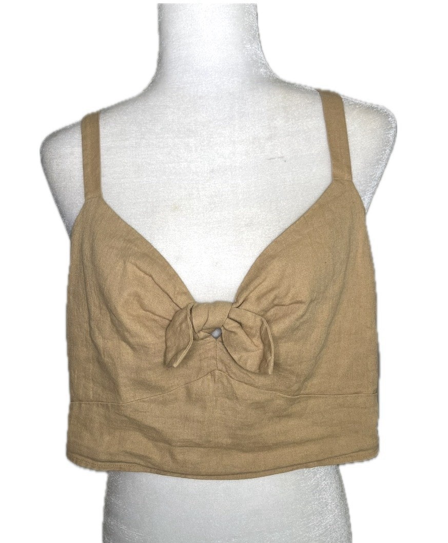 Universal Thread Tan Smocked Front Tie Linen Crop Top L Large