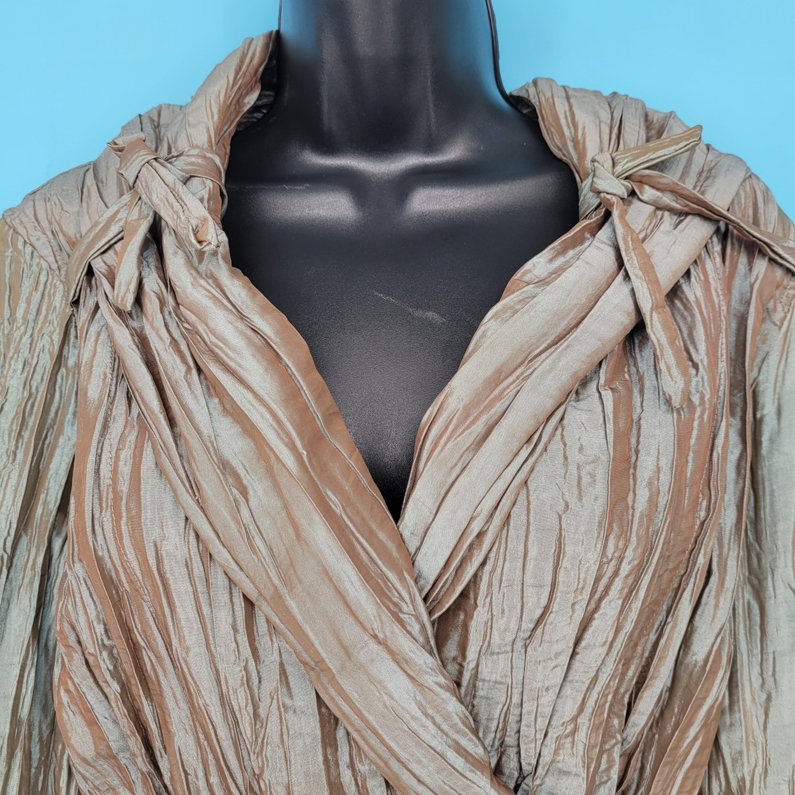 Essentials by Milano liquid Bronze Metallic Crinkle Wrap Blouse Y2K Pleated Top