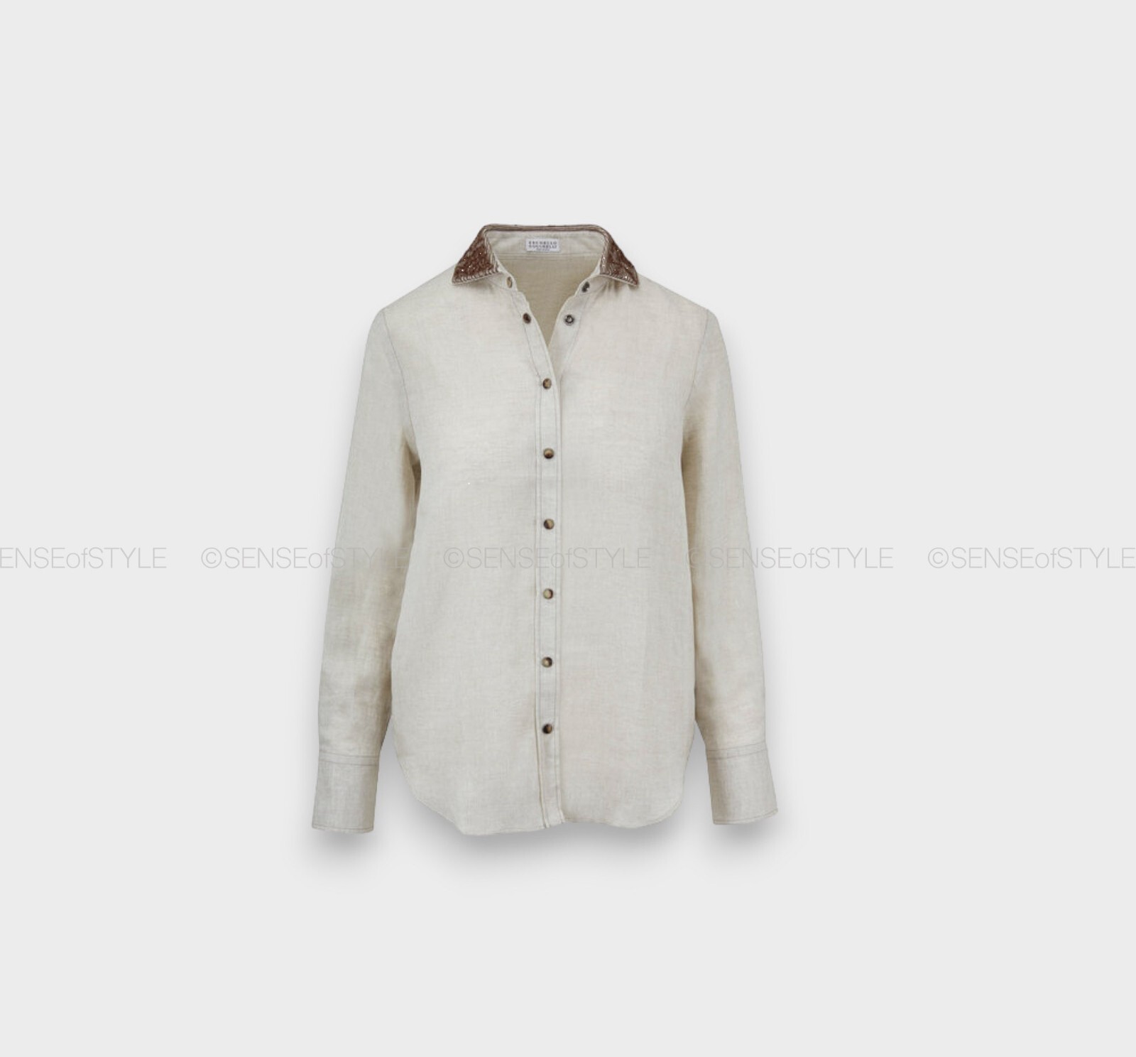 Brunello Cucinelli Women Linen Shirt Top Blouse Monili trim XS 38 2