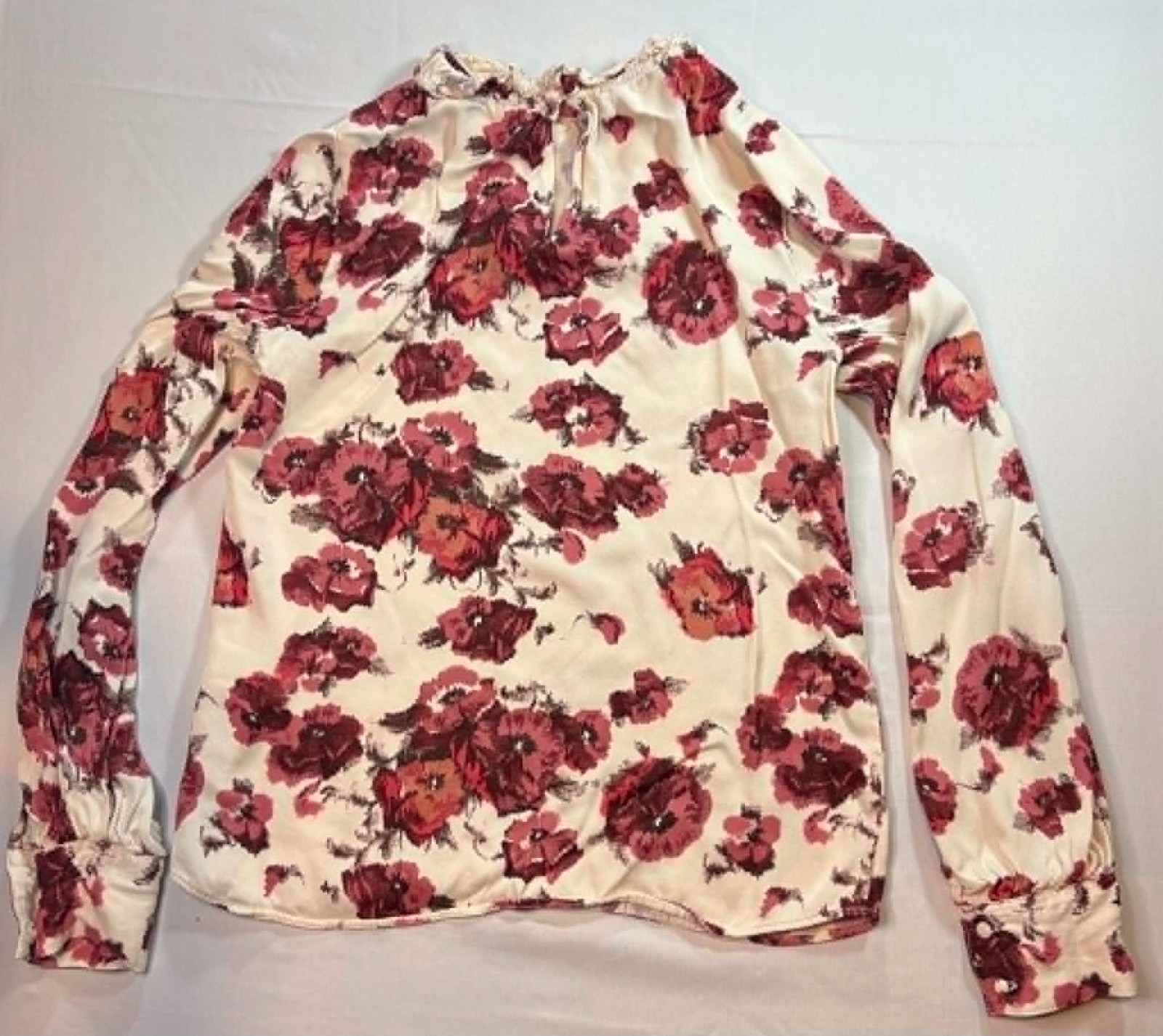Rachel Parcell Women XXS Cream Burgundy Floral Smocked Ruffle Neck Blouse