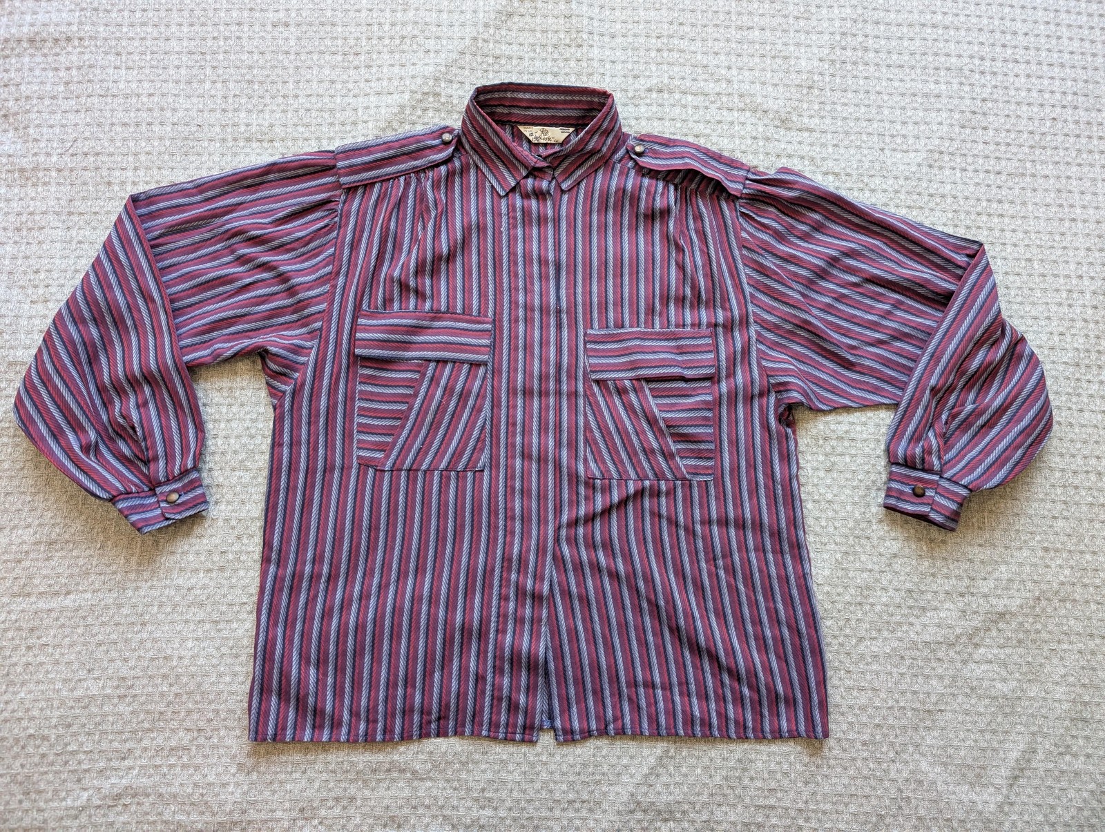 Vintage Shirt Womens 12 Red Stripe Tunic Dolman Pocket Epaulette Made UK 80s 90s