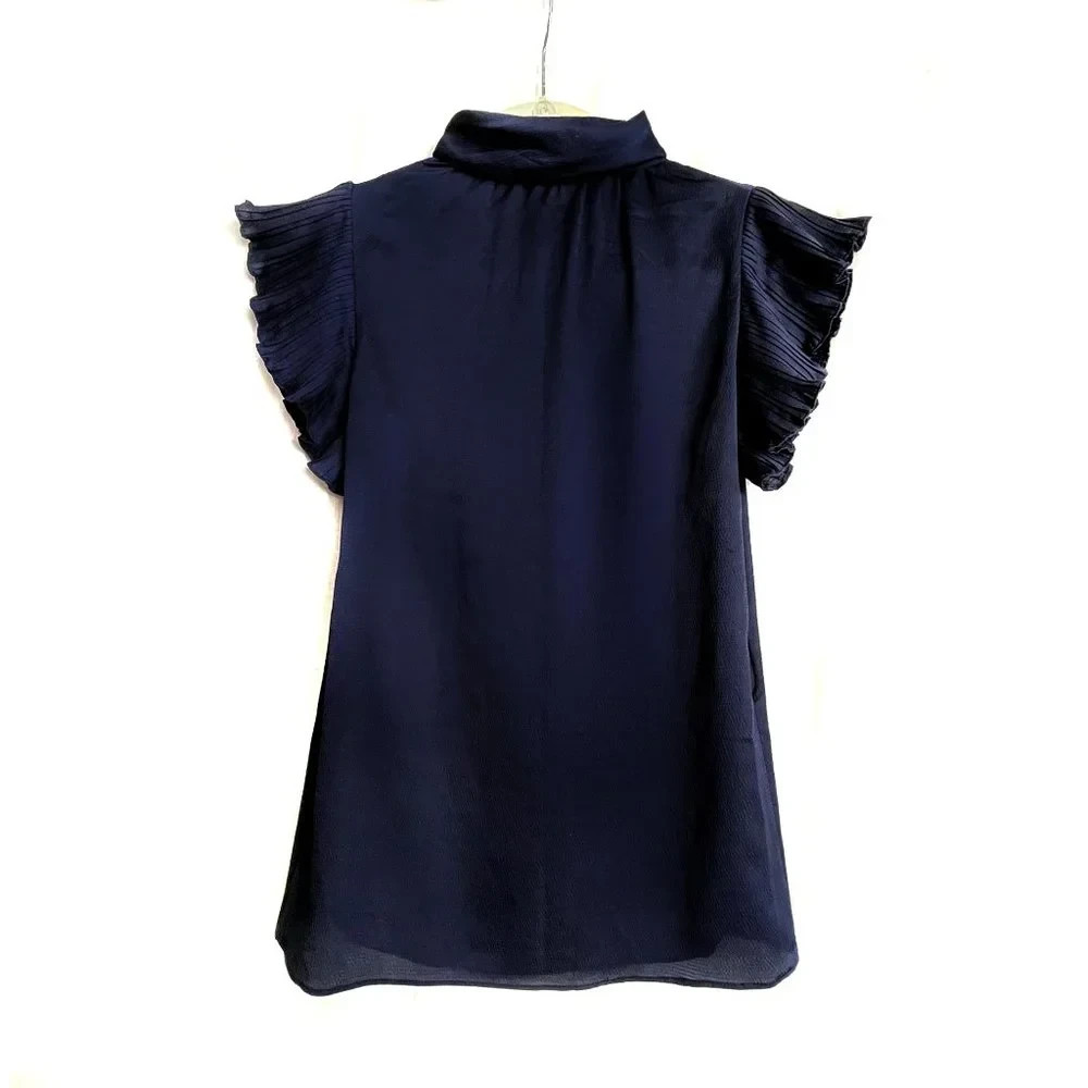 Very-dark navy blue women’s blouse with ruffles. Polyester. Size S