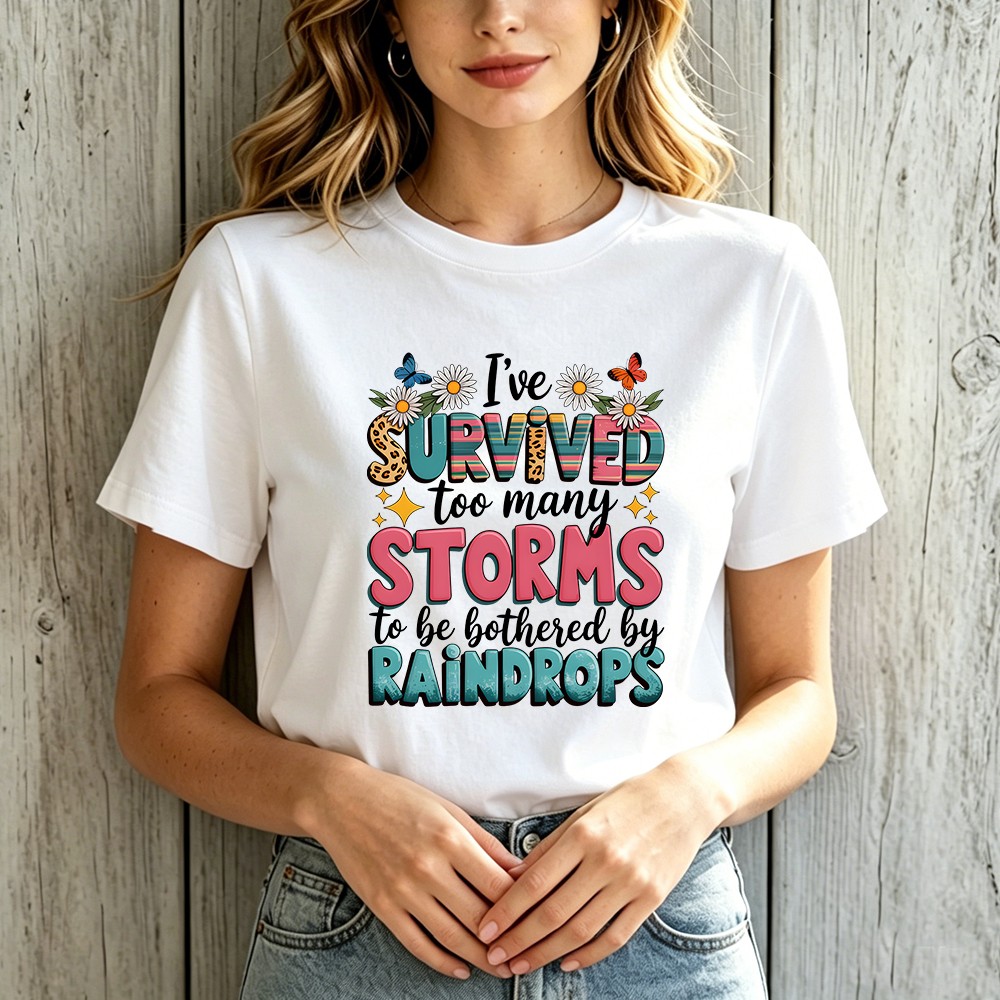 Inspirational Survived Too Many Storms T-Shirt Floral Butterfly Print Casual Tee