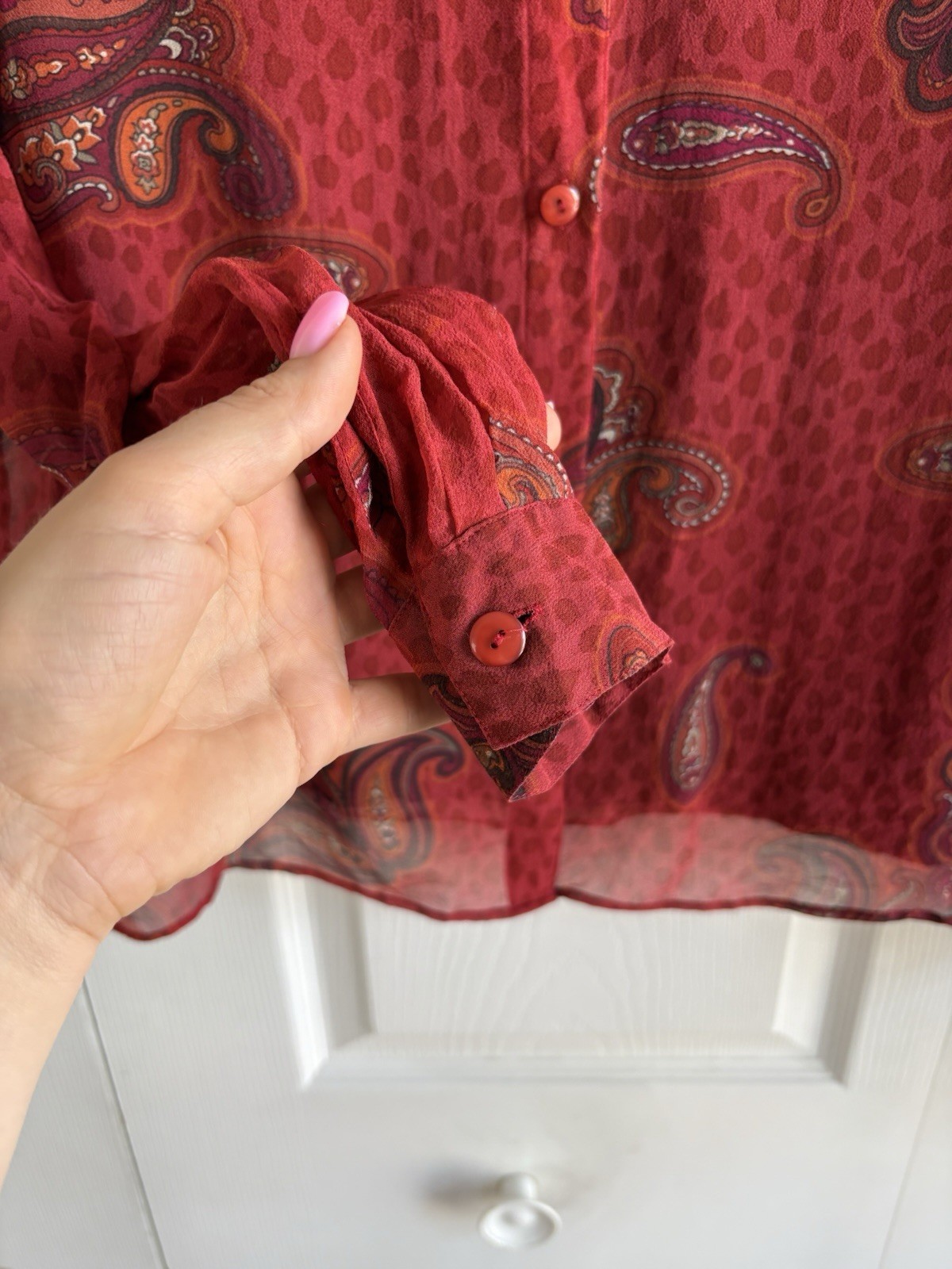 VNTG Y2K New York City Design Red Silk Paisley Leopard 2in1 Blouse Top Career S