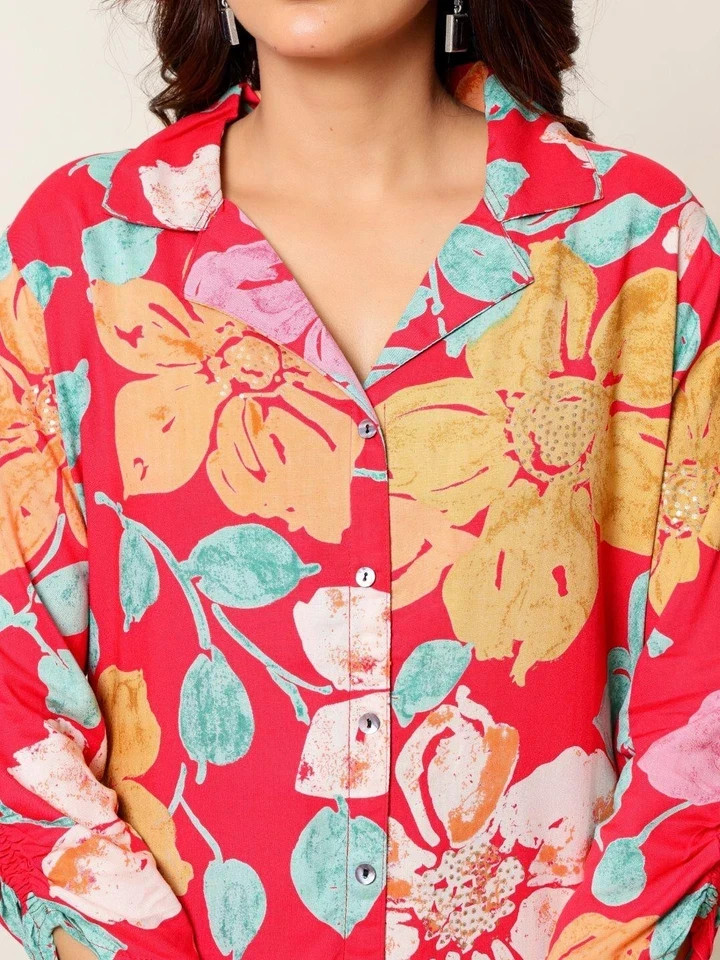 Indian Women Rayon Pink Floral Printed Top Tunic Shirt Collar Kurta Kurti Dress