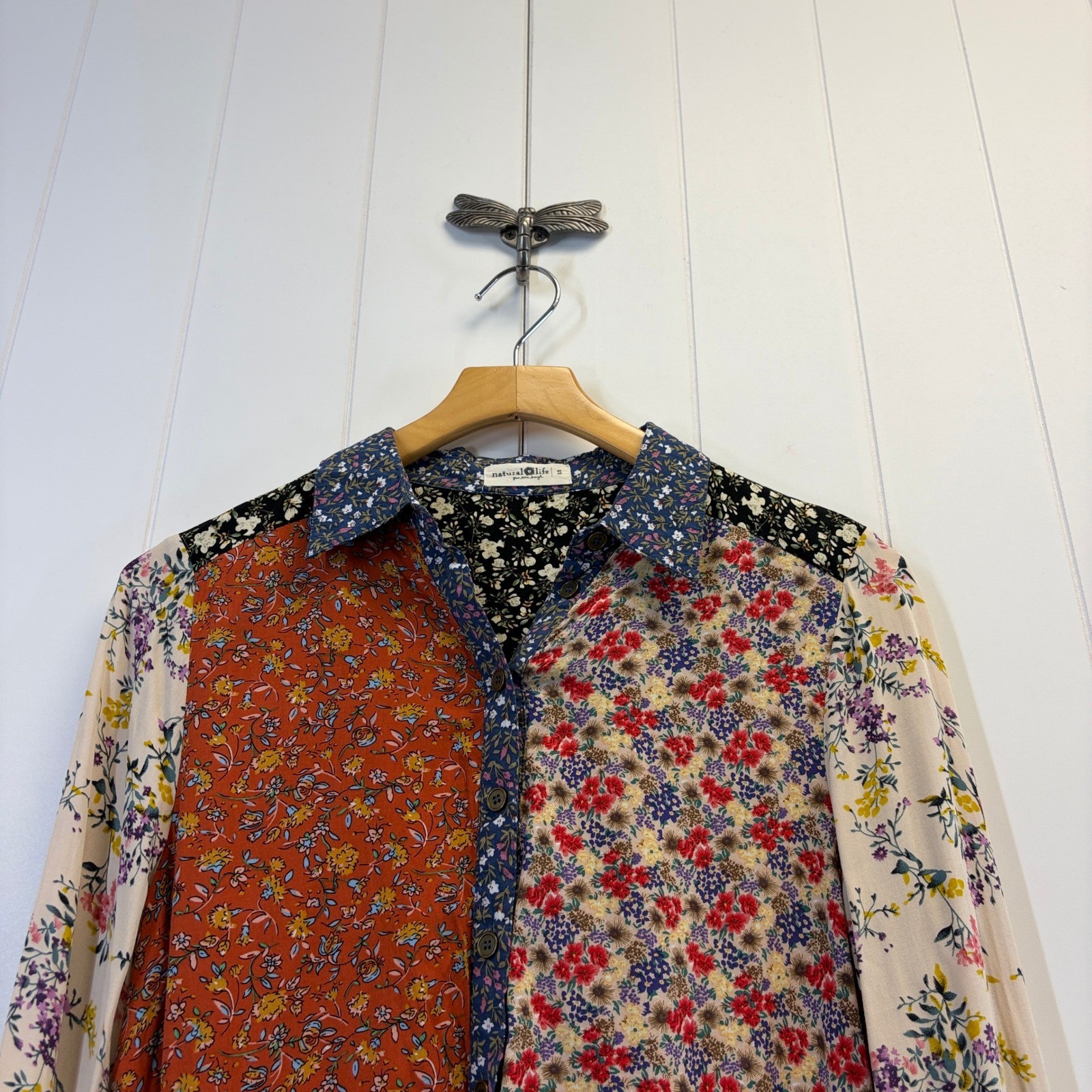 Natural Life Boho Garden Floral Patchwork Button Down Top Women Size S Cottage