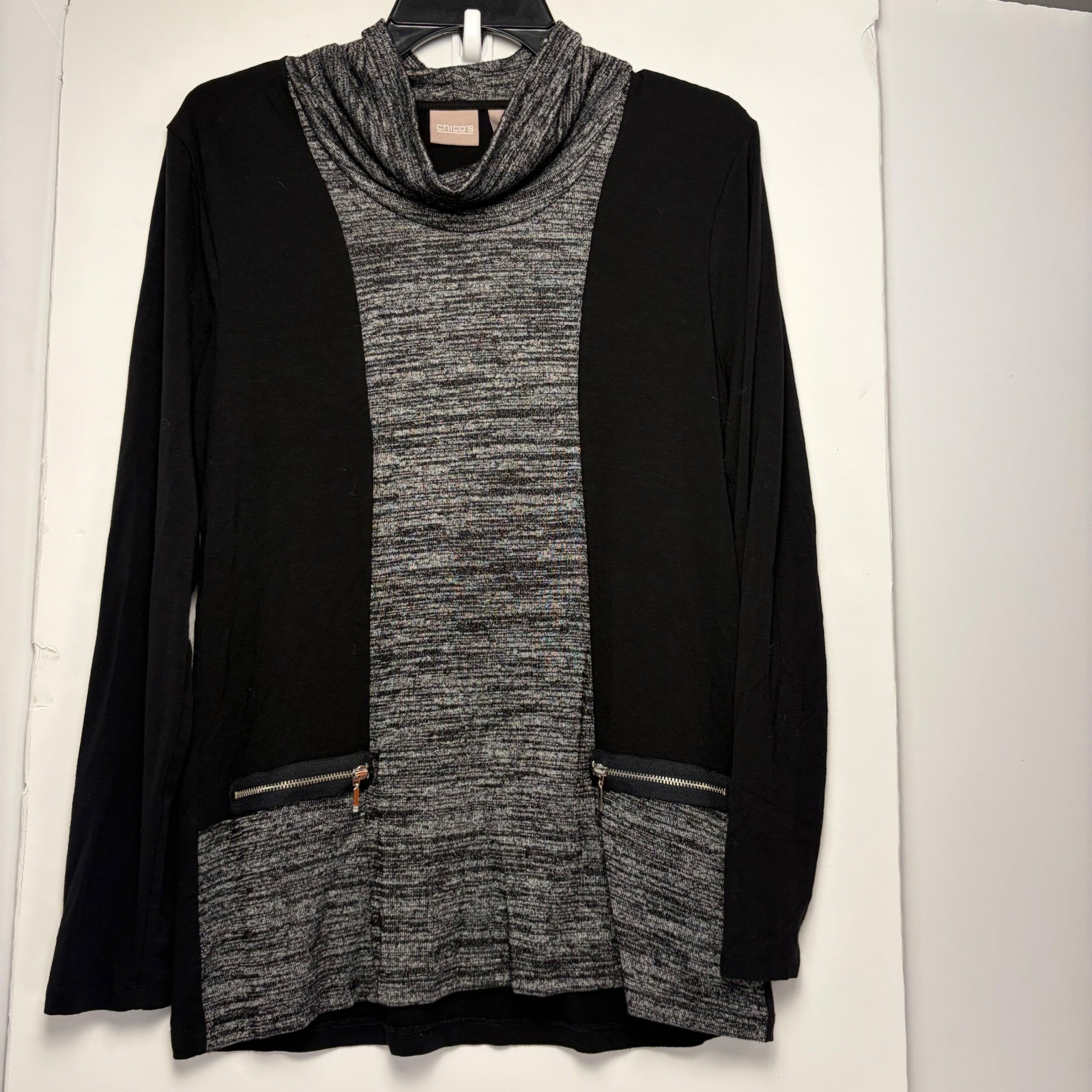 Chicos Cowl Neck Mixed Media Top Black Grey Marled Zipper Pockets Sz 0 Small