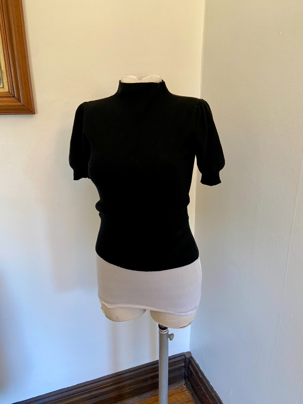 Black Ribbed Mock Neck Short Sleeve Knit Top Med Soft Sweater Light Weight Stret