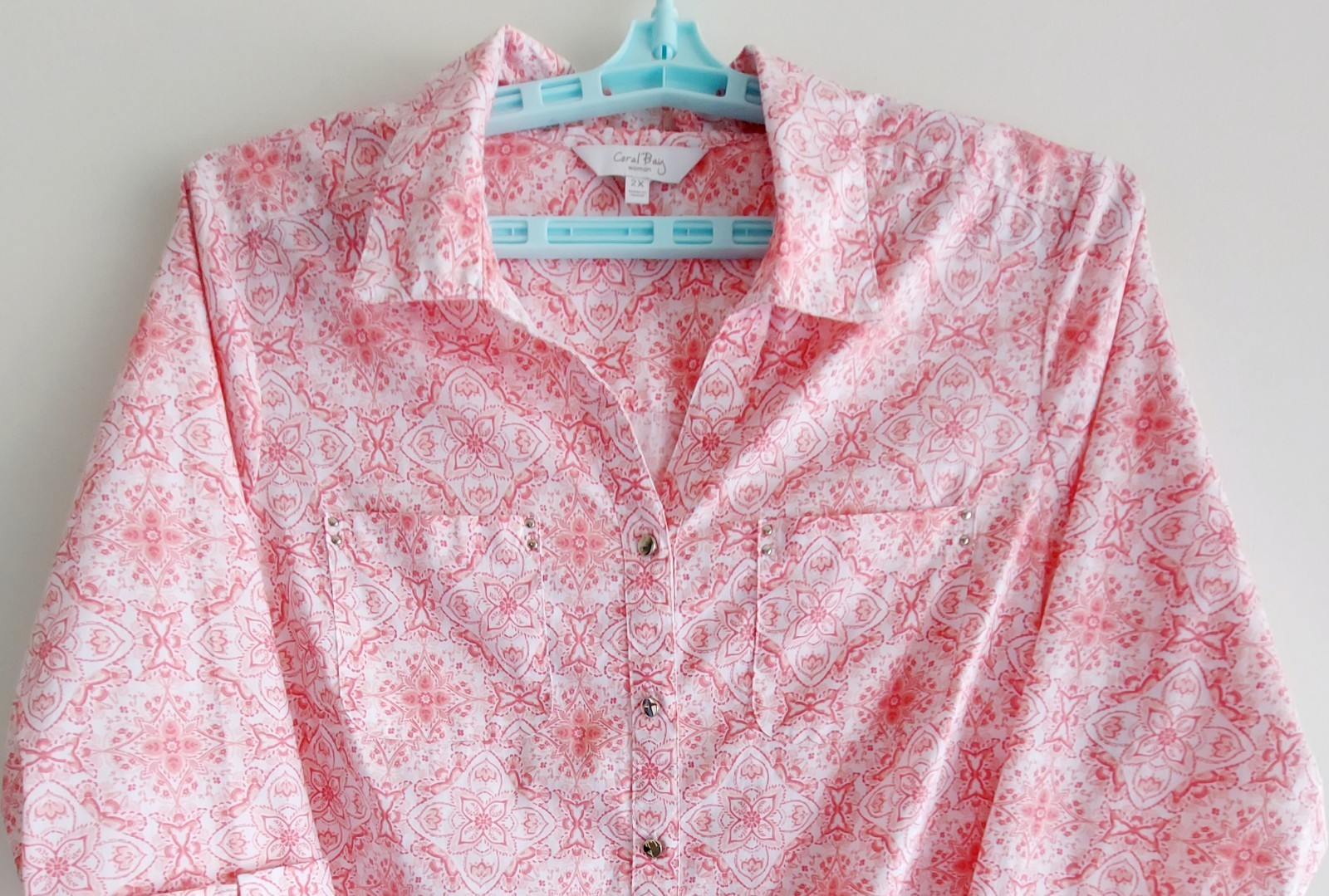 CORAL BAY Womens 2X Pink Print Woven Blouse w/Stretchy Side Panels