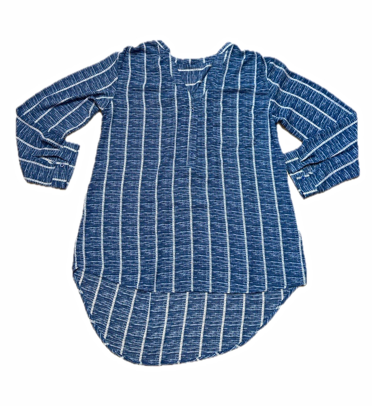 Blue/White Striped 3/4 Sleeve Button Blouse XL Round Neck Polyester/Spandex