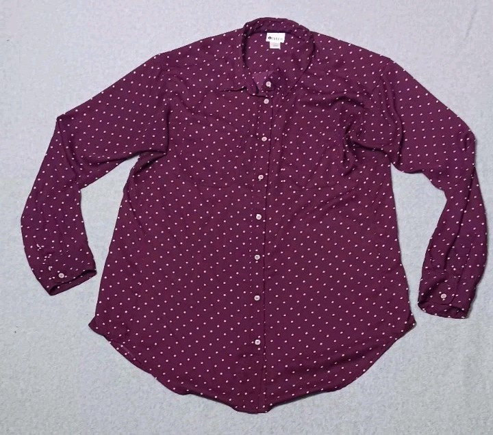 Stylus Long Sleeve Button Up Womens L Burgundy Poka Dots Academia Preppy Career