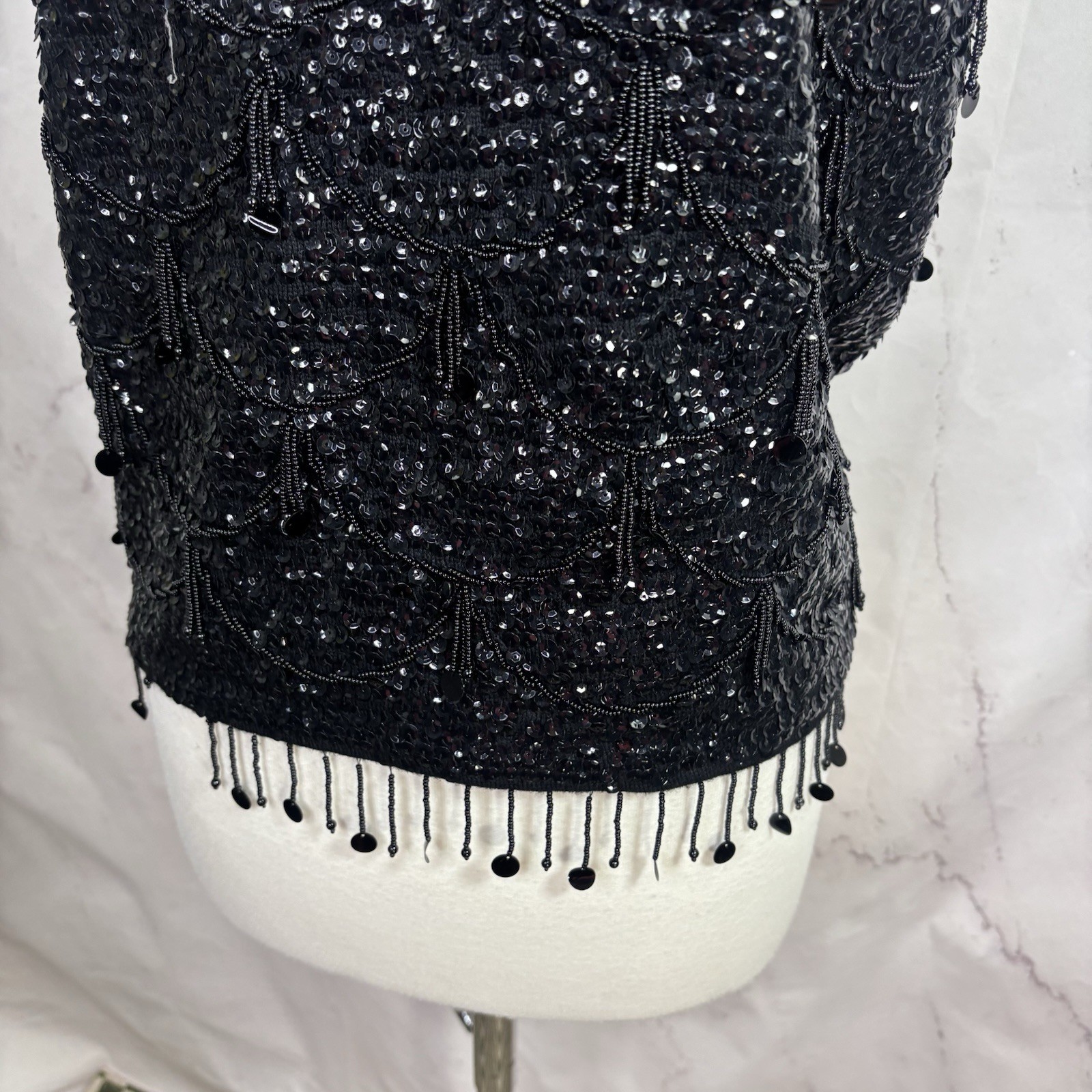 Vintage 60s Flapper Black Shiny Beaded Blouse Top Fringe Sequins Silk M Glam