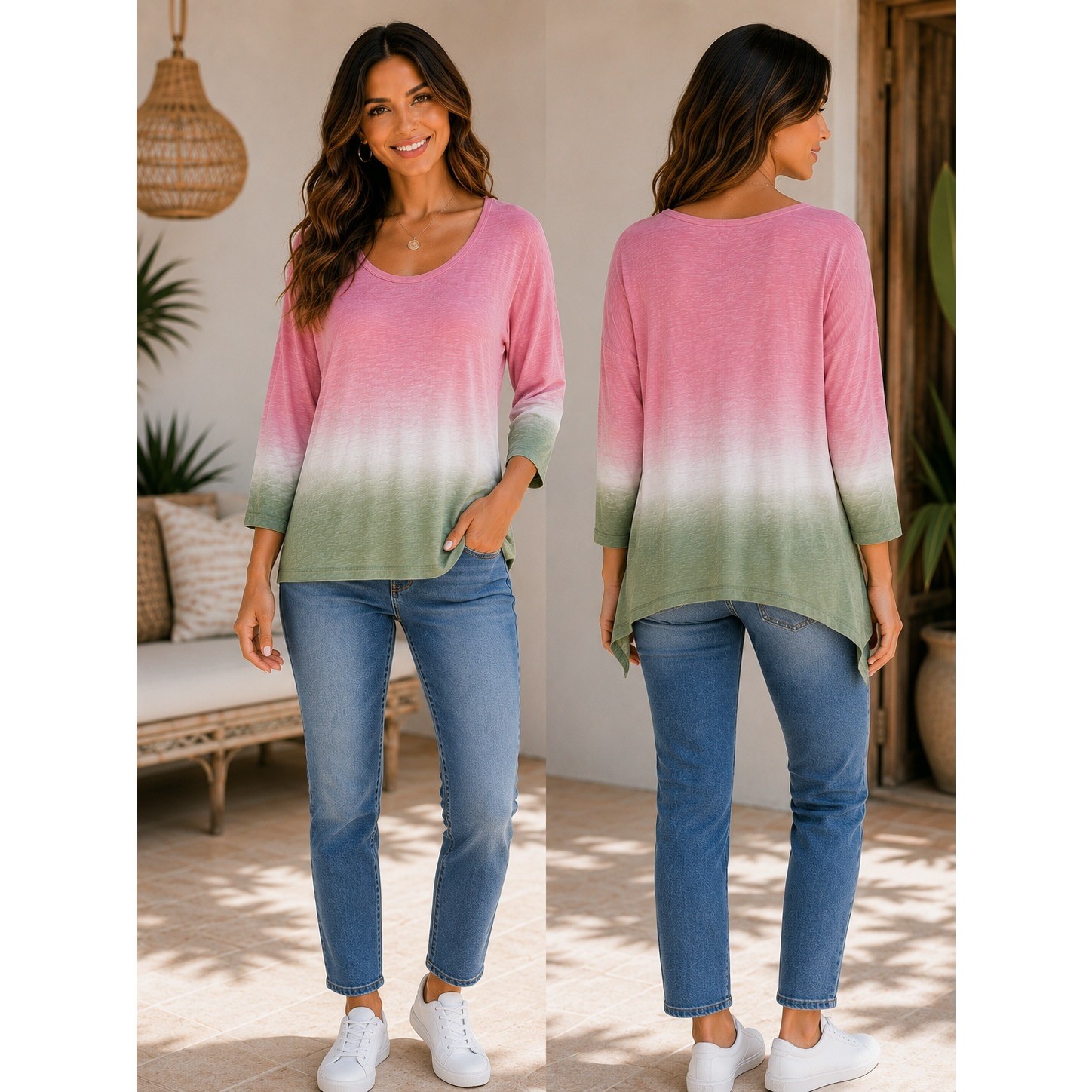 Seven7 Womens Dip Dye Tee Pink Olive Green Ombre Sharkbite Hem Top Size L NWT
