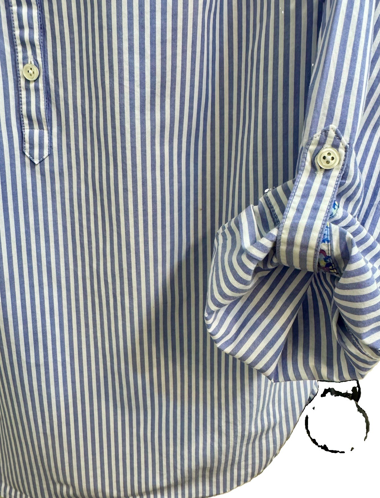 TALBOTS Blue & White Striped Coastal COTTON POPOVER Roll Tab Sleeves (L) NWOT