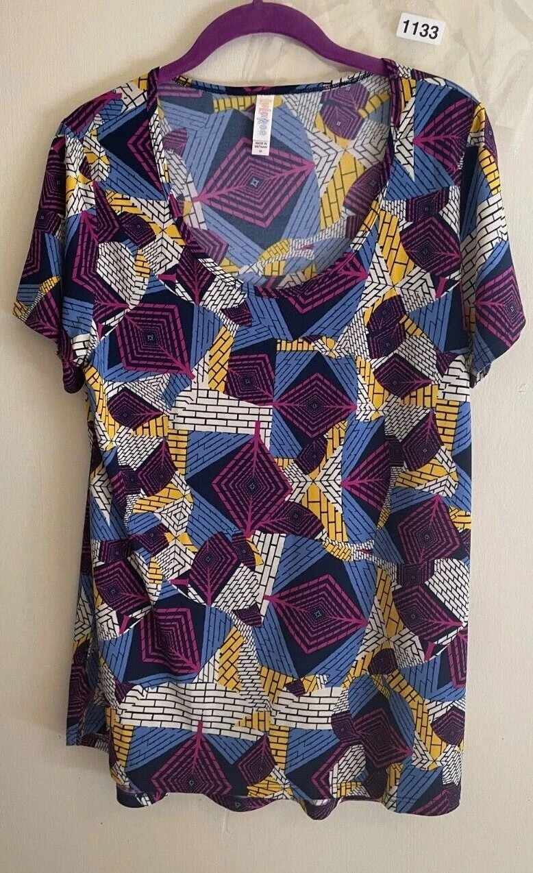 LuLaRoe Classic T Womens Medium Blue Purple Yellow Geometric Print Tunic Top