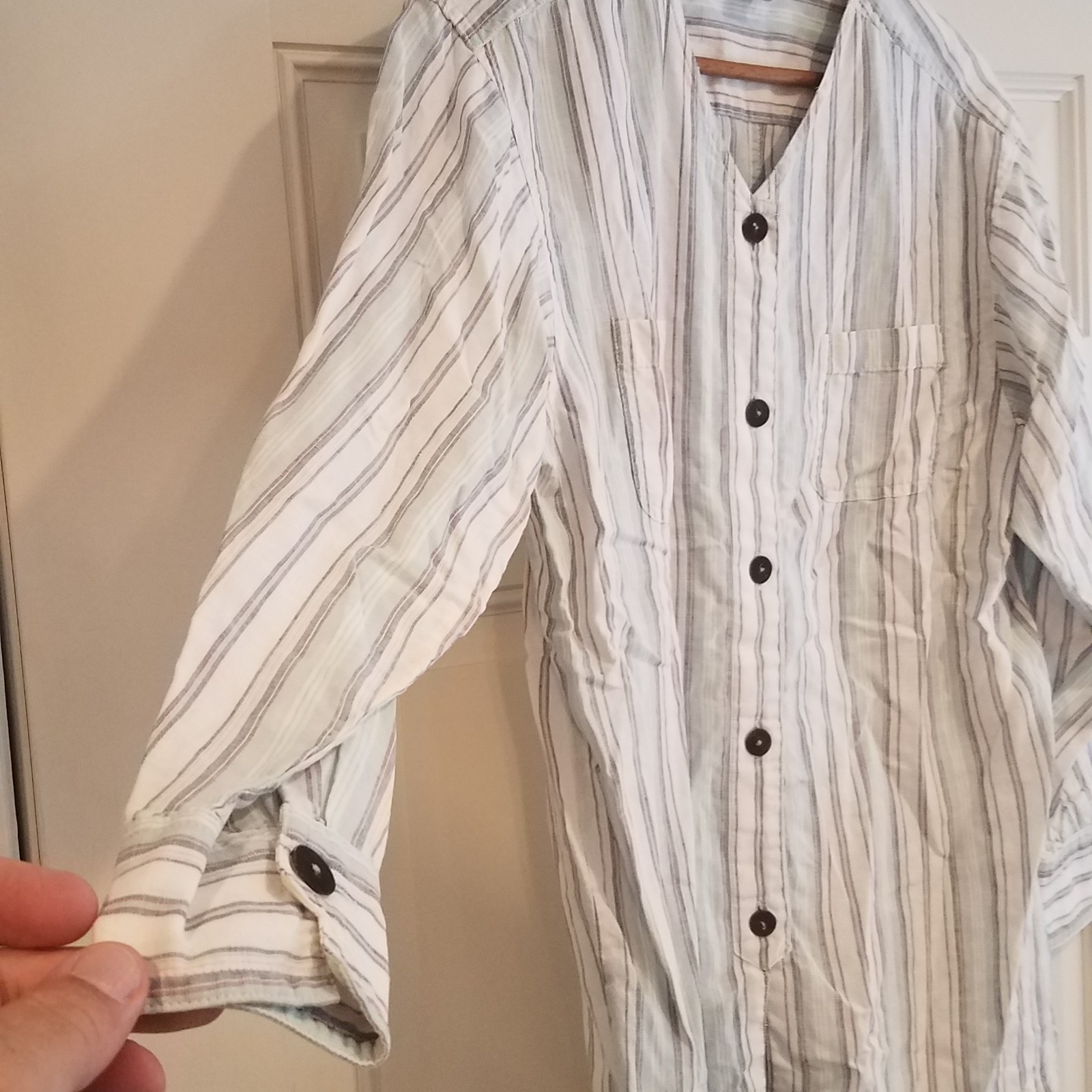 Linen Striped Shirt Button Up Long Sleeve Collarless Womens Medium Vtg S-23