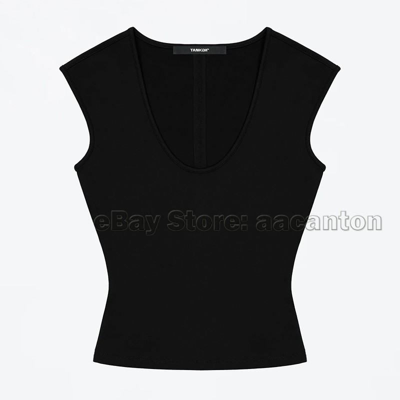 Tank Air Women Large U-neck T-shirts Tight Fit Fixed Dye High Stretch Short Top