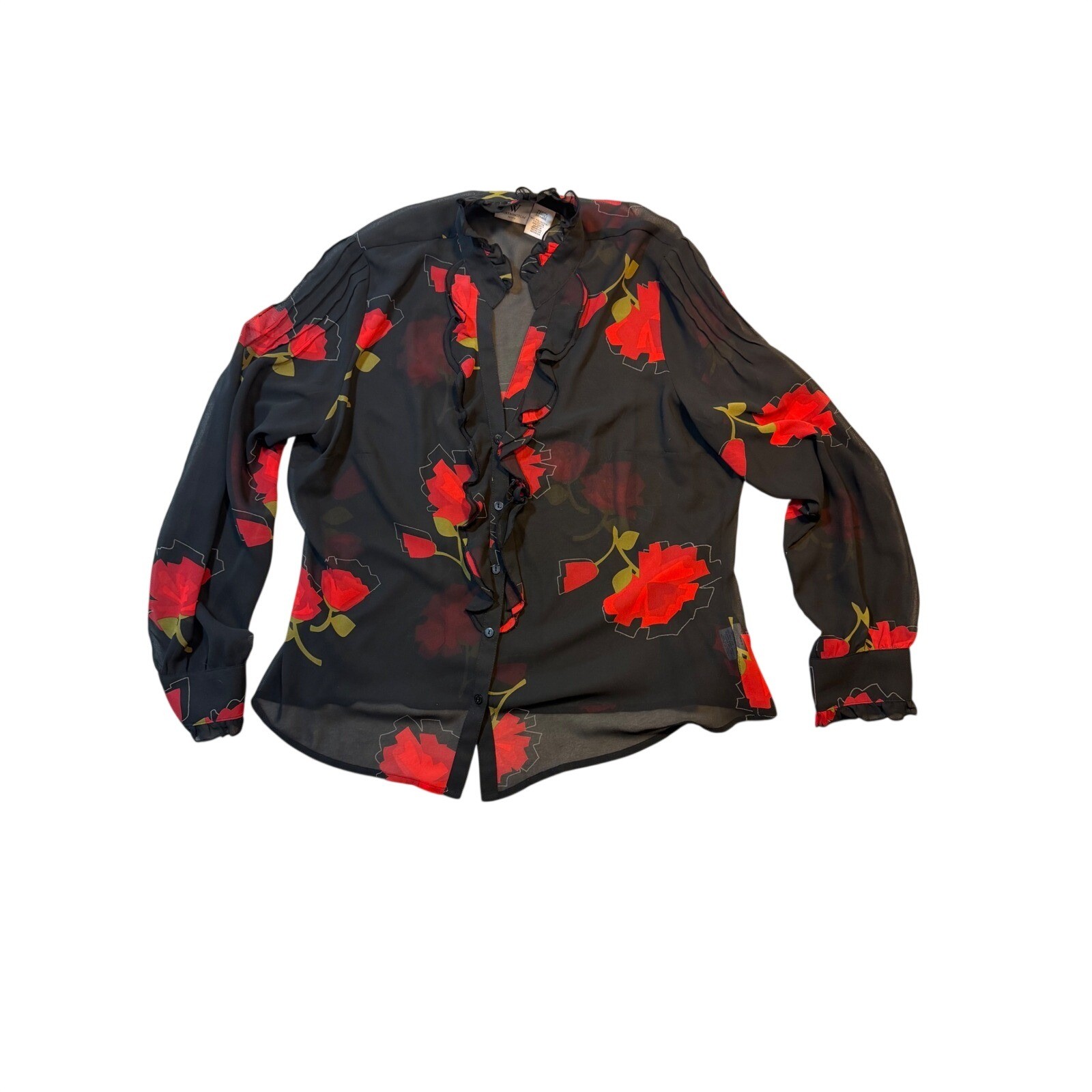 Whimsigoth Petite Large Black Red Rose Floral Ruffle Sheer Blouse Dark PL