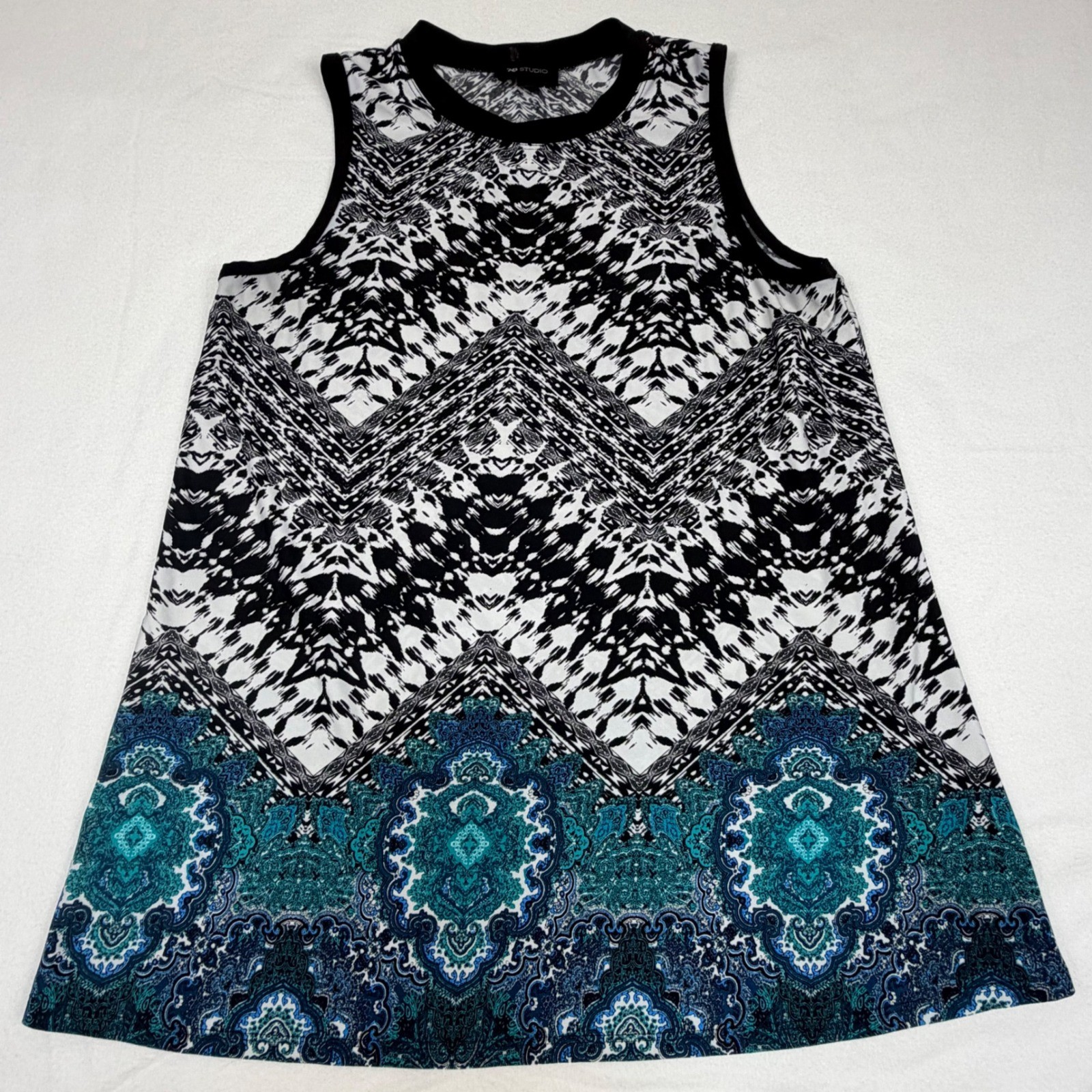 AB Studio Womens Sleeveless Chevron Paisley Print Knit Top Black Blue Medium